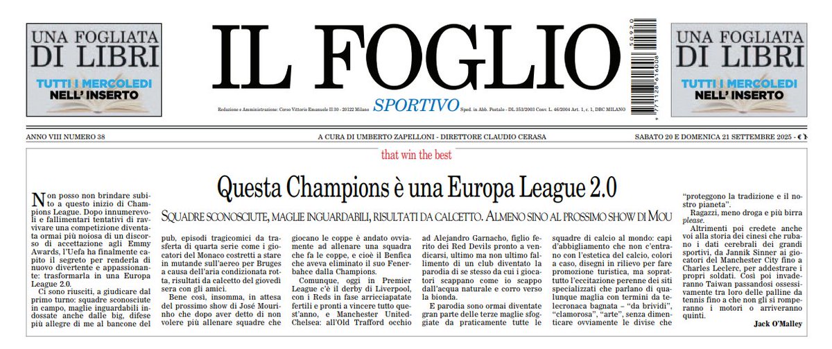 Condivido tutto, segnatamente la parte sulle maglie inguardabili. Ci sarà qualcuno che interromperà questo trend di sublime e sopraffina idiozia?
#ChampionsLeague #EuropaLeague #calcio <a href="/juventusfc/">JuventusFC</a> <a href="/Inter/">Inter ⭐⭐</a> <a href="/sscnapoli/">Official SSC Napoli</a> <a href="/Atalanta_BC/">Atalanta B.C.</a> 

<a href="/jack_omalley/">Jack O'Malley</a> 
<a href="/ilfoglio_it/">Il Foglio</a> 20-21/09/2025