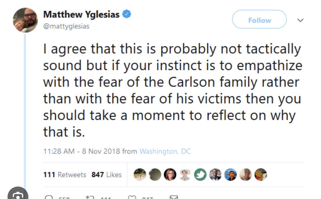 Tucker Carlson was terrorized in his home, his family made to fear for their lives for his speech alone. This “chilling” tactic, which is only a half-step to violence, was justified by mainstream liberal pundits like Matt Yglesias. 

They threw away their “norms” a long time ago.