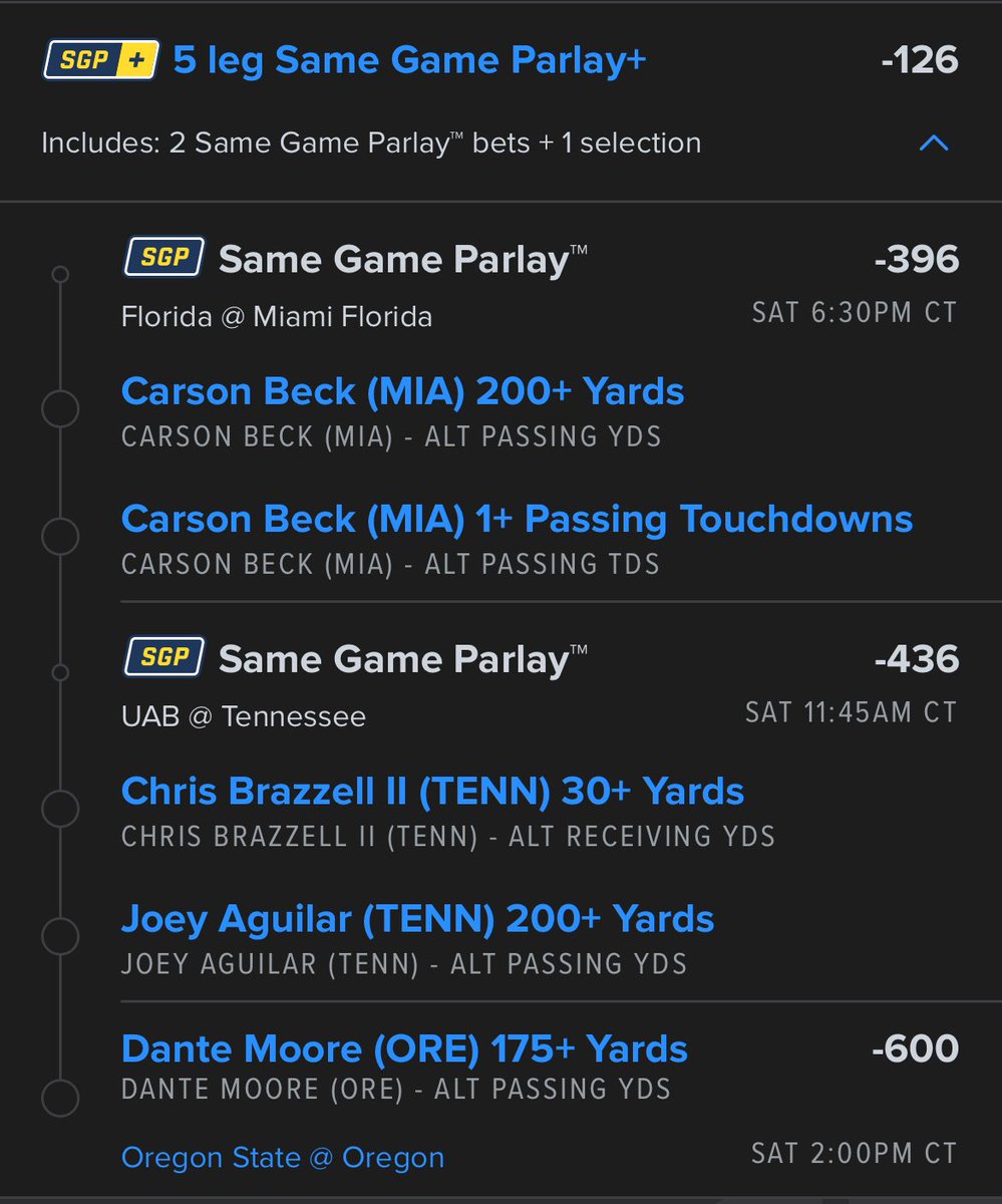 ParlayBuilders's tweet photo. Here’s another 100% hit rate CFB builder. I watered these down as much as I could to make it a “safer” play

I’ll start doing the NFL version of these next week

#GamblingTwitter #GamblingX https://t.co/2FUeBJSjxG
