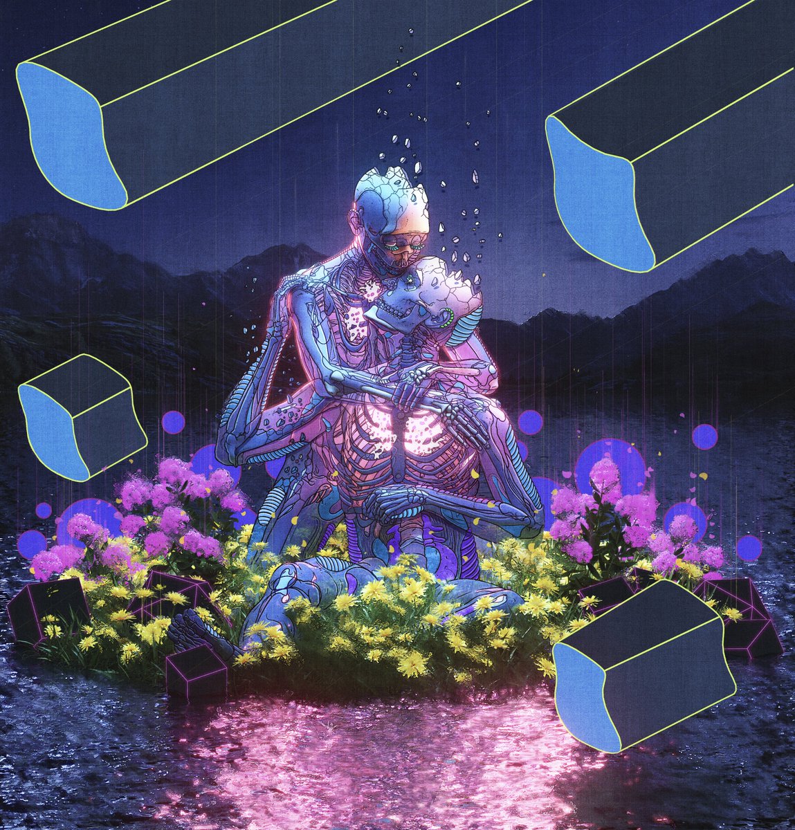 Cosmic rain descends, 
fractured bodies intertwining, 
all I need is you.