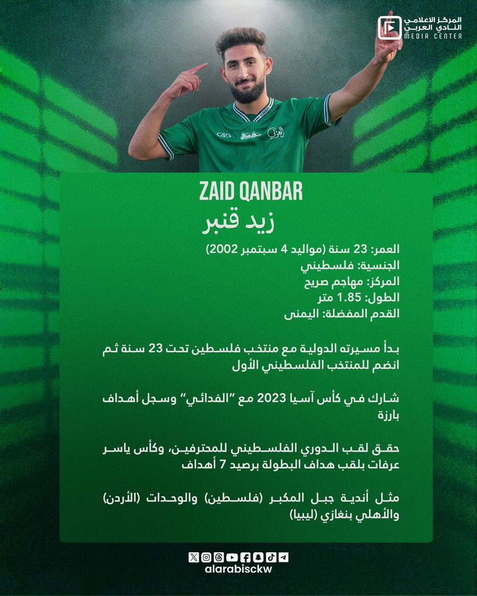 📰 خبر

العربي يضم المهاجم الفلسطيني زيد قنبر (23 سنة) ليكون سادس محترفي الفريق الأول ✍️

- مثل سابقا جبل المكبر 🇵🇸 والوحدات الأردني 🇯🇴 والأهلي بنغازي الليبي 🇱🇾

- لاعب دولي مع منتخب فلسطين الأول كما مثّل المنتخب الأولمبي 🇵🇸