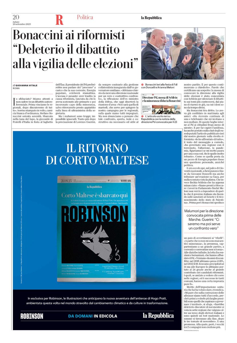 Domenica 21 settembre ROBINSON di Repubblica dedica la copertina al ritorno di Corto Maltese che sarà presentato in anteprima al Festival della Letteratura di Viaggio in programma a Roma dal 26 settembre al 5 ottobre. Il programma completo su festivaletteraturadiviaggio.it