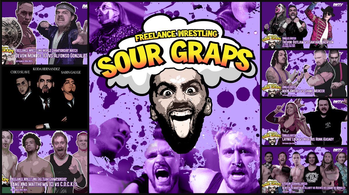 🚨Tonight!!!🚨
TIX:freelancewrestling.com

Online Ticket sales end at 3pm CDT! Tickets will be available at the door, CASH ONLY!

Sour Graps
#FreelanceGraps

Sat 9/20/25
Logan Square Auditorium  
2539 N Kedzie Blvd  
Chicago, IL 60647  

Doors: 7p
Bell: 8p

Streaming LIVE on