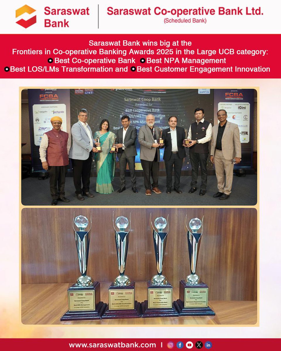 Proud Winners at the Frontiers in Cooperative Banking Awards 2025 – Best Co-op Bank | Best LOS/LMS Transformation | Best NPA Management | Best Customer Engagement Innovation.

#SaraswatBank #Banking #FCBA #2025 #Bestbank