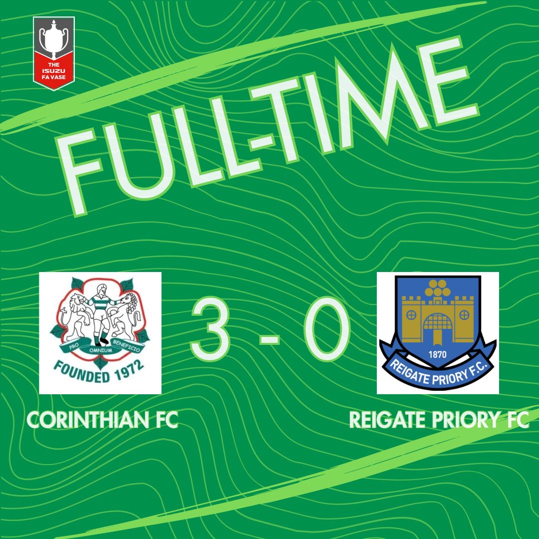 *FULL TIME*

🟢 Corinthian FC 3 - 0 Reigate Priory FC 🔵

⚽️ Gurpreet Benning 
⚽️ Jamie Billings
⚽️ Tommo Mitcham

UTH 💚🤍