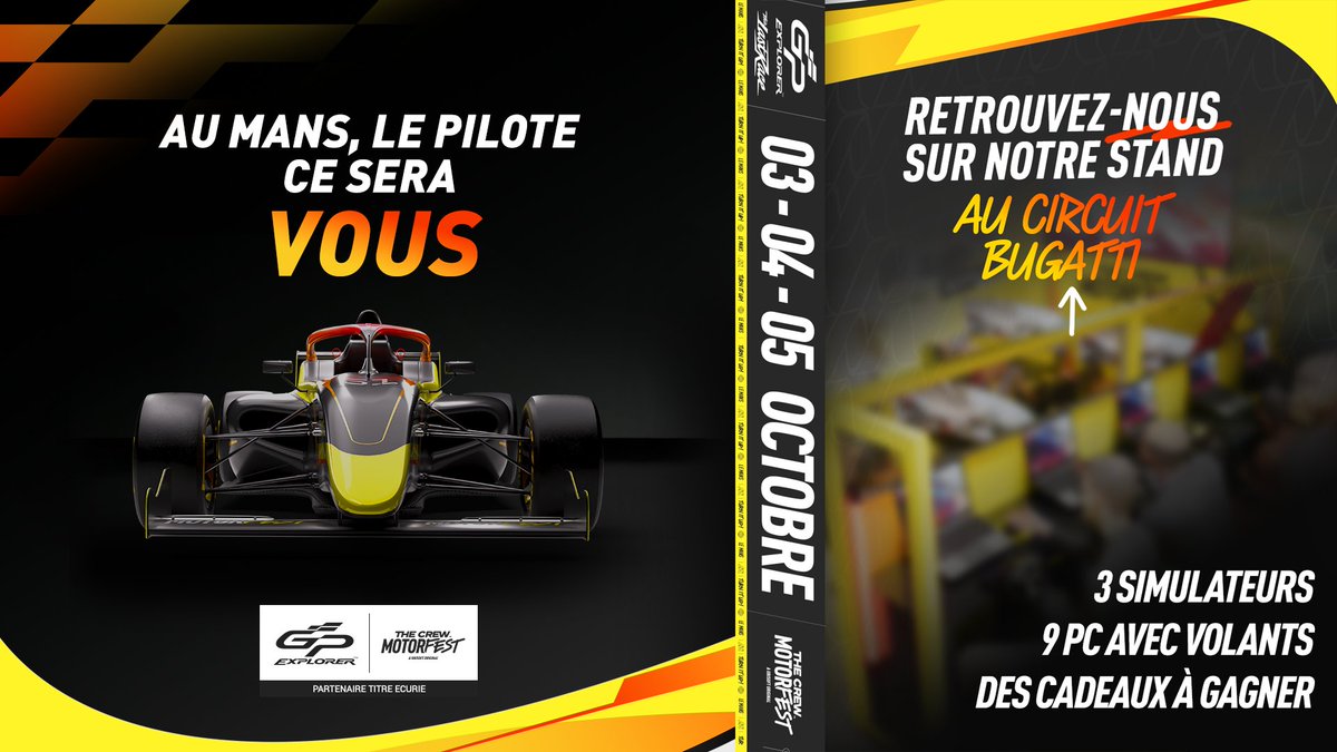 🏁 The Crew Motorfest x #GPExplorer3 🏁
 
Avec nous, tu pourras dire que t'as conduit au circuit Bugatti. 🏎️💨
RDV sur notre stand sur place pour tester le jeu et gagner des cadeaux ! ✨
 
Stay tuned pour plein de surprises sur nos comptes <a href="/UbisoftFR/">Ubisoft FR 🇫🇷</a> et <a href="/TheCrewFR/">The Crew FR</a> ! 👀
