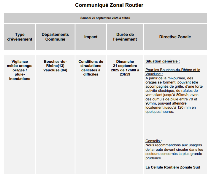cezocsud's tweet image. Communiqué zonal routier - Vigilance ORANGE pour orages et pluie-inondations départements 13 et 84 :