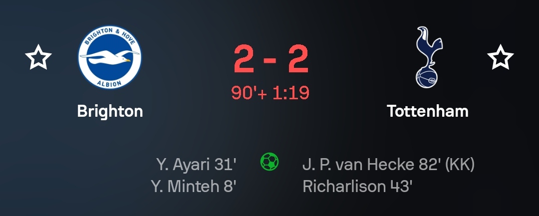 Kg var ✅

2.5 üst ✅

Skorda geliyordu ki 82 inci dakika oynanırken kendi kalesine gol attı Brighton ana bahisler içerde.