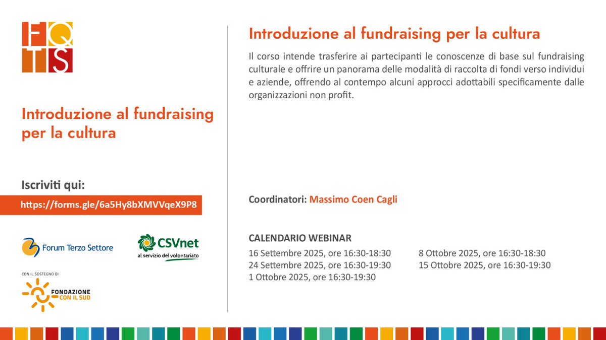 Introduzione al #fundaraising per la cultura, il 22 settembre il secondo appuntamento del #webinar coordinato da Massimo Coen Cagli, parte del percorso di #formazione per il #terzosettore di Fqts ✨