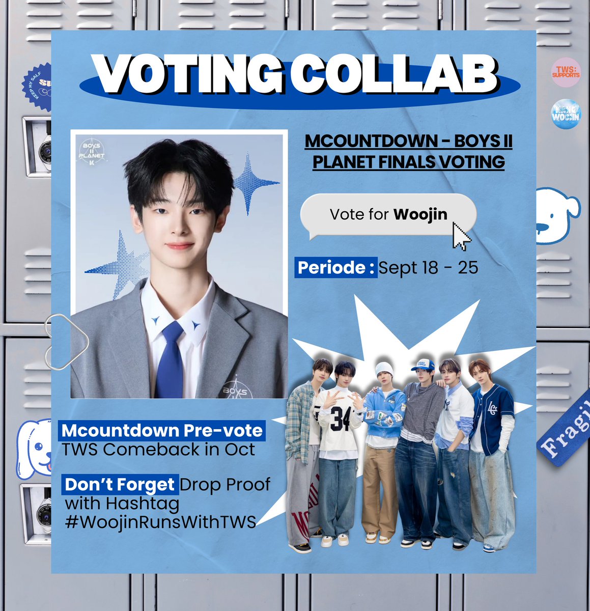 [🗳️] VOTING COLLAB DAY 4
42s!! We got a second chance to collaboration with <a href="/KWOOJINVOTE/">KANG WOOJIN VOTING TEAM</a> for TWS comeback in October

We will help and select Woojin as finals pick at Boys II Planet for 1 week
In return, they will help TWS vote in the Mcountdown Pre-voting

🗓️ Sep 18 - 25 [KST]