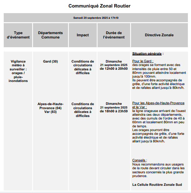 cezocsud's tweet image. Communiqué zonal routier - Vigilance JAUNE à surveiller pour orages et pluie-inondations départements 04 / 30 / 83 :
