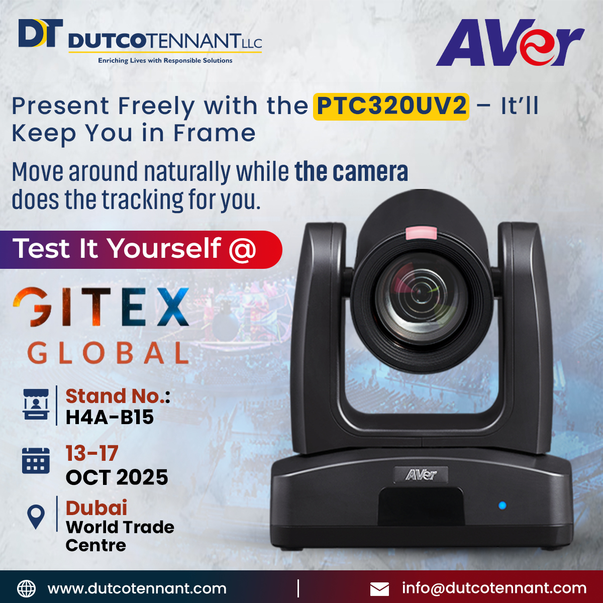 Dutcotennant's tweet image. Go hands-free! The AVer PTC320UV2 follows you with AI tracking, 21X zoom &amp;amp; 4K clarity—ideal for teaching, streaming &amp;amp; live events.

Full details available at: dutcotennant.com/gitex/gitex-ex…

#GITEX2025 #PTZCamera #AutoTrackingCamera #AITracking #SmartAV #Aver #DutcoTennantLLC