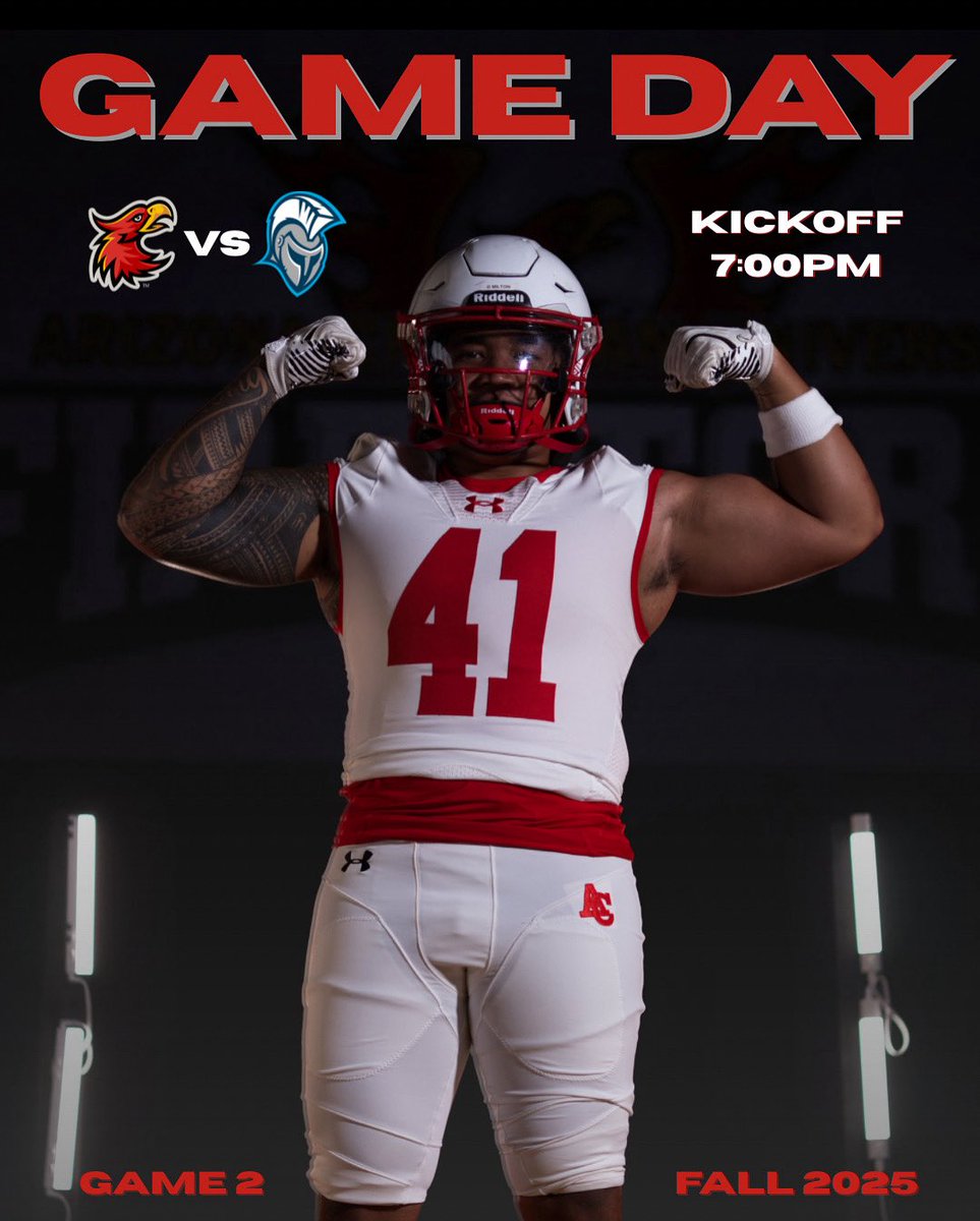 Game Day 🔥🔥
🆚Dakota State University 
⏰7:00pm MST
📍Glendale, AZ
🏟️Firestorm Field
🎥 gsacsportsnetwork.com/azchristian/?B…
🎟️ events.hometownticketing.com/boxoffice/ariz…
🎉Special Halftime Recognition: 2015 Conference Championship Team 10 year reunion