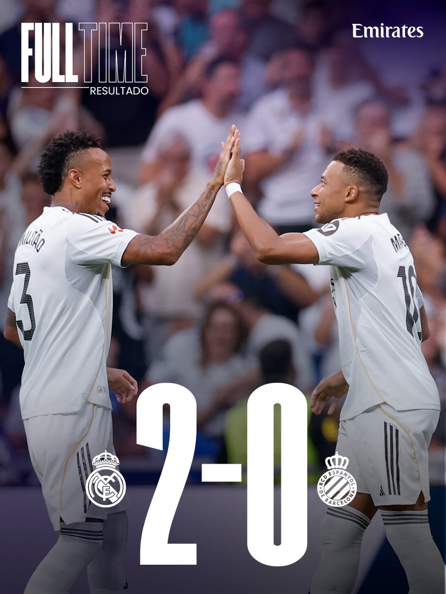 🏁 ريال مدريد 2-0 إسبانيول
⚽ 22’ <a href="/edermilitao/">Éder Militão</a> 
⚽ 47’ <a href="/KMbappe/">Kylian Mbappé</a> 
@Emirates