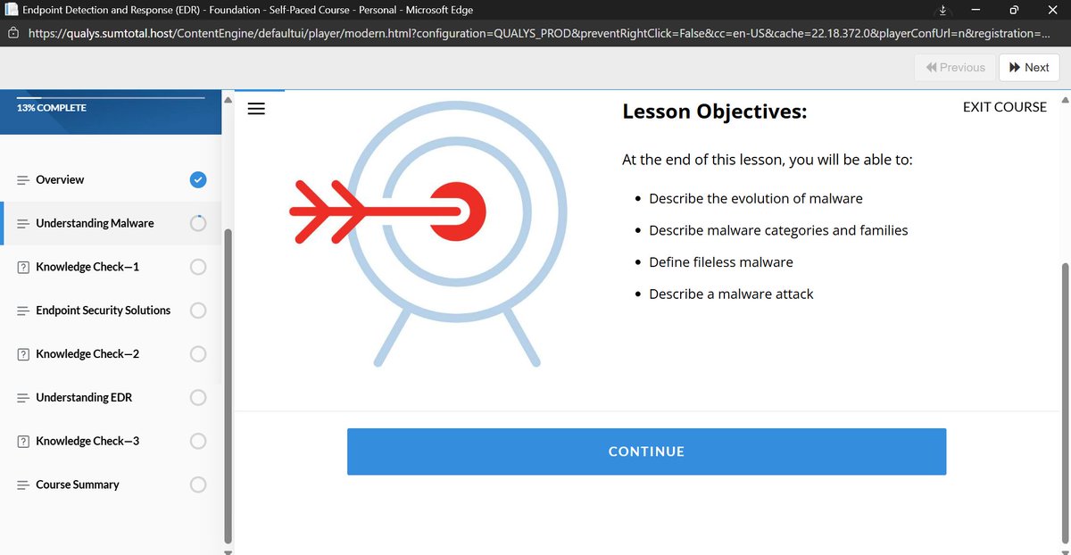 theitgirliee's tweet image. Day 91💃
Another Qualys&apos; course; Endpoint Detection and Response (EDR). I should have done another one, but network was working against me, &amp;amp; I got annoyed😭
It was a little better than the last one shaa, I&apos;ll give it that but I miss my labs abeg😭
#100DaysOfCyberSecurity