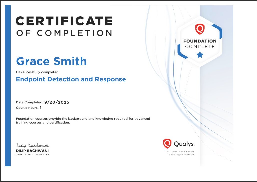 theitgirliee's tweet image. Day 91💃
Another Qualys&apos; course; Endpoint Detection and Response (EDR). I should have done another one, but network was working against me, &amp;amp; I got annoyed😭
It was a little better than the last one shaa, I&apos;ll give it that but I miss my labs abeg😭
#100DaysOfCyberSecurity