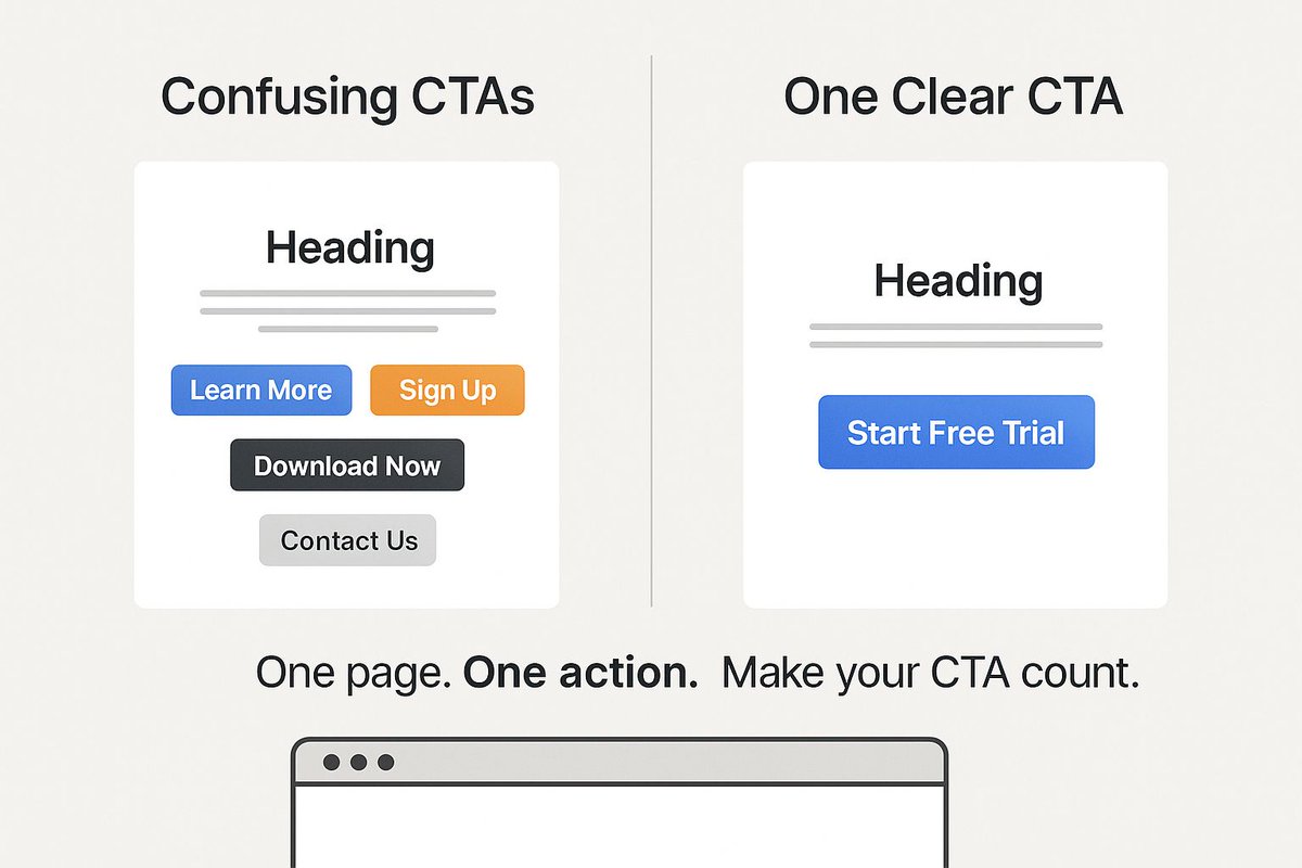 Replo__Expert's tweet image. Too many CTAs = confused visitors.  
One page. One action. Make it count.  

#UXDesign #WebDesign #LandingPages #ConversionOptimization #UIUX