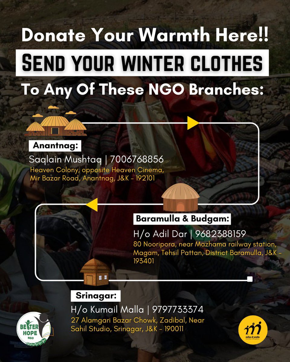 MujtabaAasif's tweet image. #Appeal #Kashmir #Landslide
The recent Landslide at Jammu &amp;amp; Kashmir has severely impacted more than 500 families. @miles2smile_ in collaboration with some local NGOs is working for relief &amp;amp; rehabilitation. Since the harsh winter is approaching, we immediately need warm clothes.…