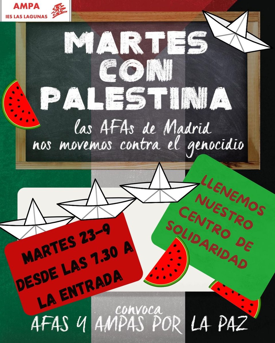 ampa_las's tweet photo. Este martes, desde las 7.30 estaremos a la entrada del centro para ir colocando vuestros mensajes, dibujos, barcos de papel, banderas o 🍉. #EducarNoEsAdoctrinar
#AmpasyAfasDeMadridConPalestina https://t.co/4sipfb21WZ