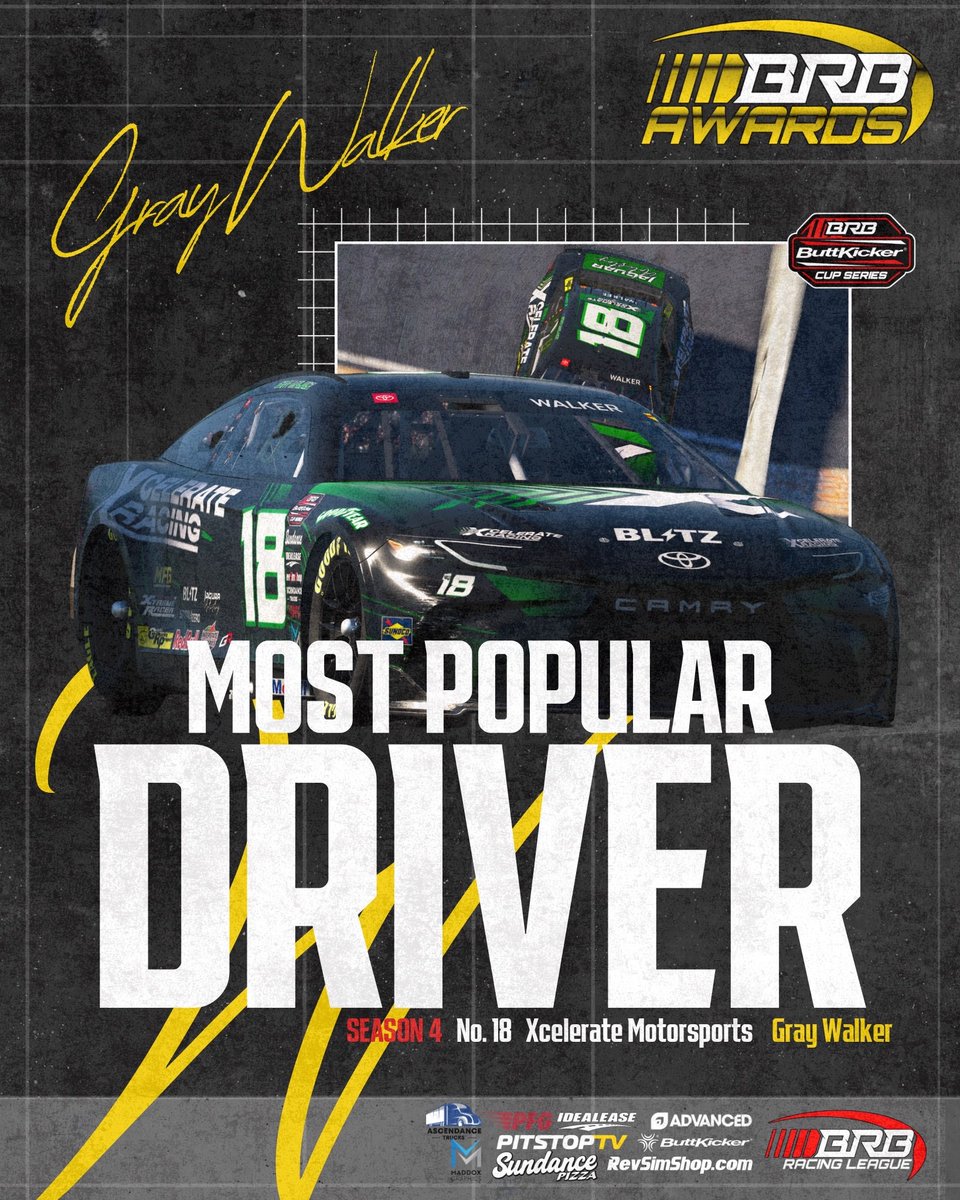 FAN FAVORITE 🏆 Gray Walker takes home Most Popular Driver honors in Season 4! 🙌🔥 Driving the No. 18 <a href="/TeamXcelerate/">Xcelerate Racing</a>  Toyota, Walker’s connection with the fans &amp; drivers shine brighter than ever. #BRBAwards #MPD #iRacing