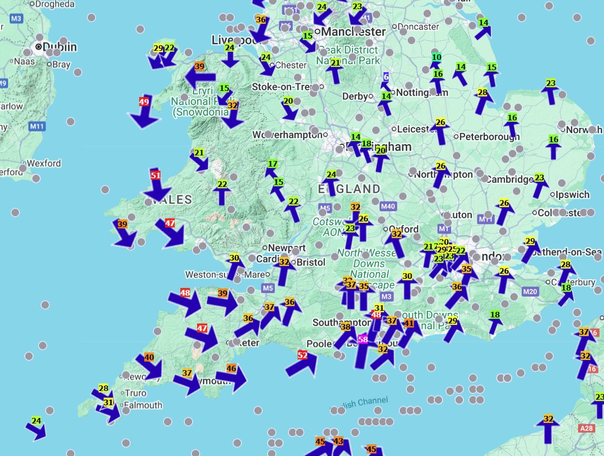 Wind gusts now increasing to 40-50mph on the backside of the low. Gusts may locally be higher, and these S winds will transfer through England and Wales into the evening.

Via - weatherobs.com