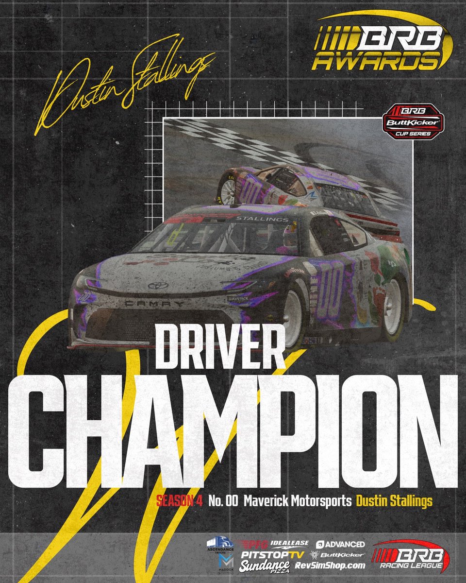 🏁 CHAMPION ALERT! 🏆
Congratulations to Dustin Stallings, driver of the No. 00 for Maverick Motorsports, on clinching the Season 4 Driver Championship in BRB! 
A dominant run, a checkered flag, and a well-earned spot at the top. 🏎️💨
#BRGAwards #iRacing