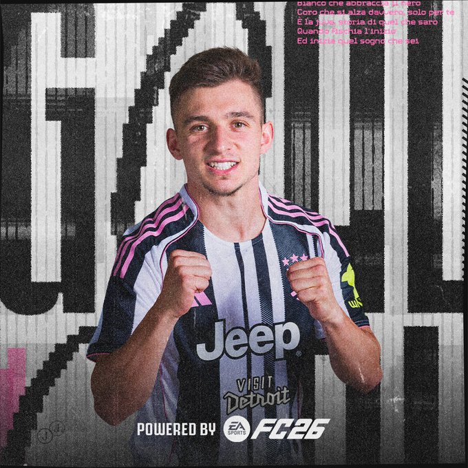 A young man, Chico, wearing a Juventus soccer jersey with black and white vertical stripes and pink accents, featuring the Jeep logo and Visit Detroit text. He stands with fists raised in a celebratory pose. The jersey has an EA Sports FC26 logo. A digital pixelated background with black, white, and pink colors frames the image.