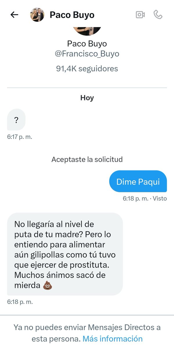 Que culpa tendrá la santa de mi madre, se puede meter conmigo, insultarme a mi, pero no, a mí madre.

Y después no me deja ni responder.

Una vez más demuestra IQ negativo como he dicho, y le ha dolido