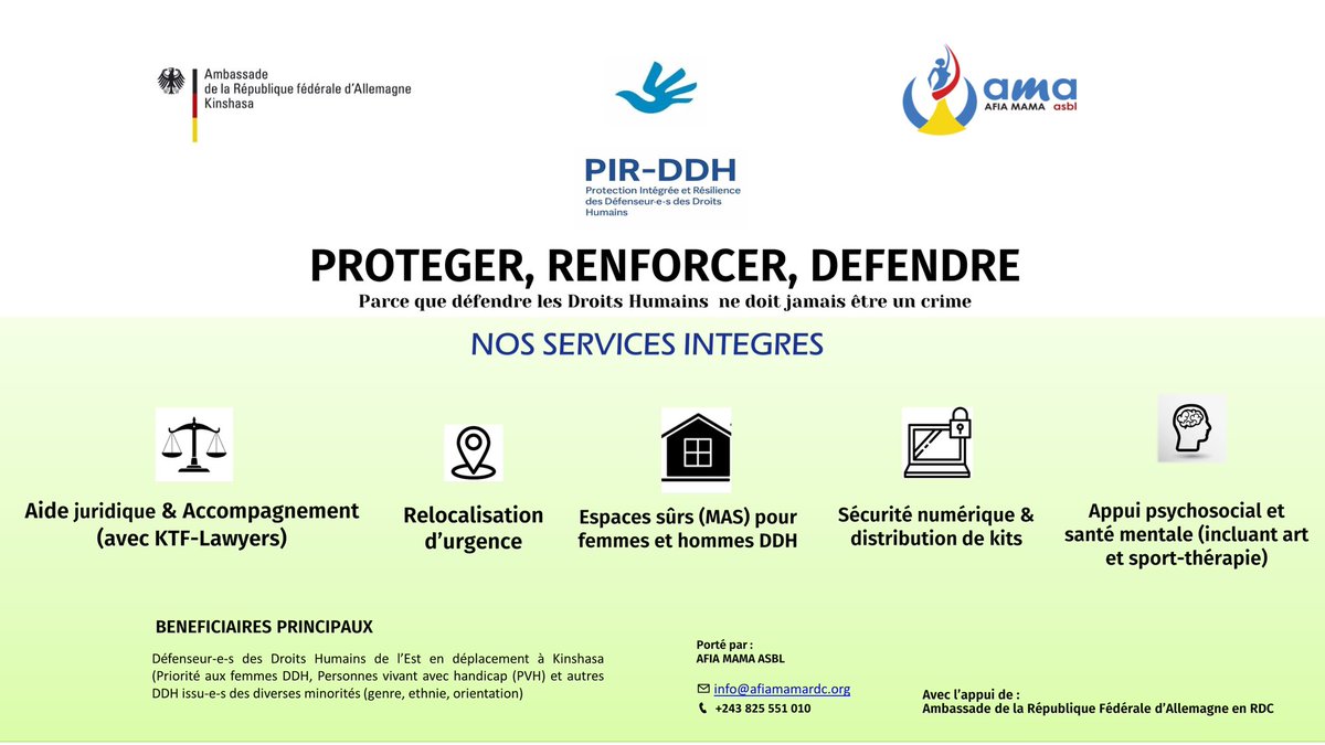 III. Nos appuis concrets #PIR_DDH

- ⚖️🤝 Assistance juridique
- 🧭🏠 Relocalisation locale #Kinshasa 
- 🏠♀️ / 🏠♂️ Espaces sûrs : maisons dédiées femmes/hommes
- 🖥️🛡️ Formations/kits/serveur sécurisé
- 👥🗣️ Soutien psychosocial individuel et collectif.
3/5