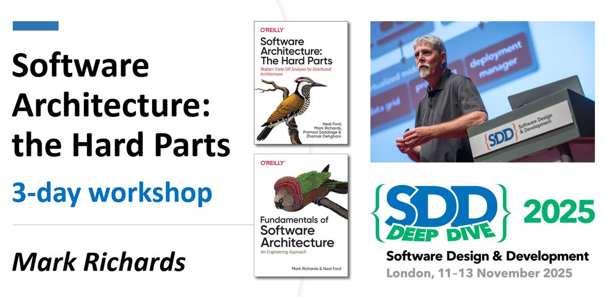 Software Architecture: The Hard Parts

3-day hands-on workshop with software architecture guru <a href="/markrichardssa/">Mark Richards</a> at SDD Deep Dive (London, 11-13 November)

Click for full details of the agenda, &amp; a short video by Mark explaining exactly what he'll cover: sddconf.com/workshop/Kqifg…