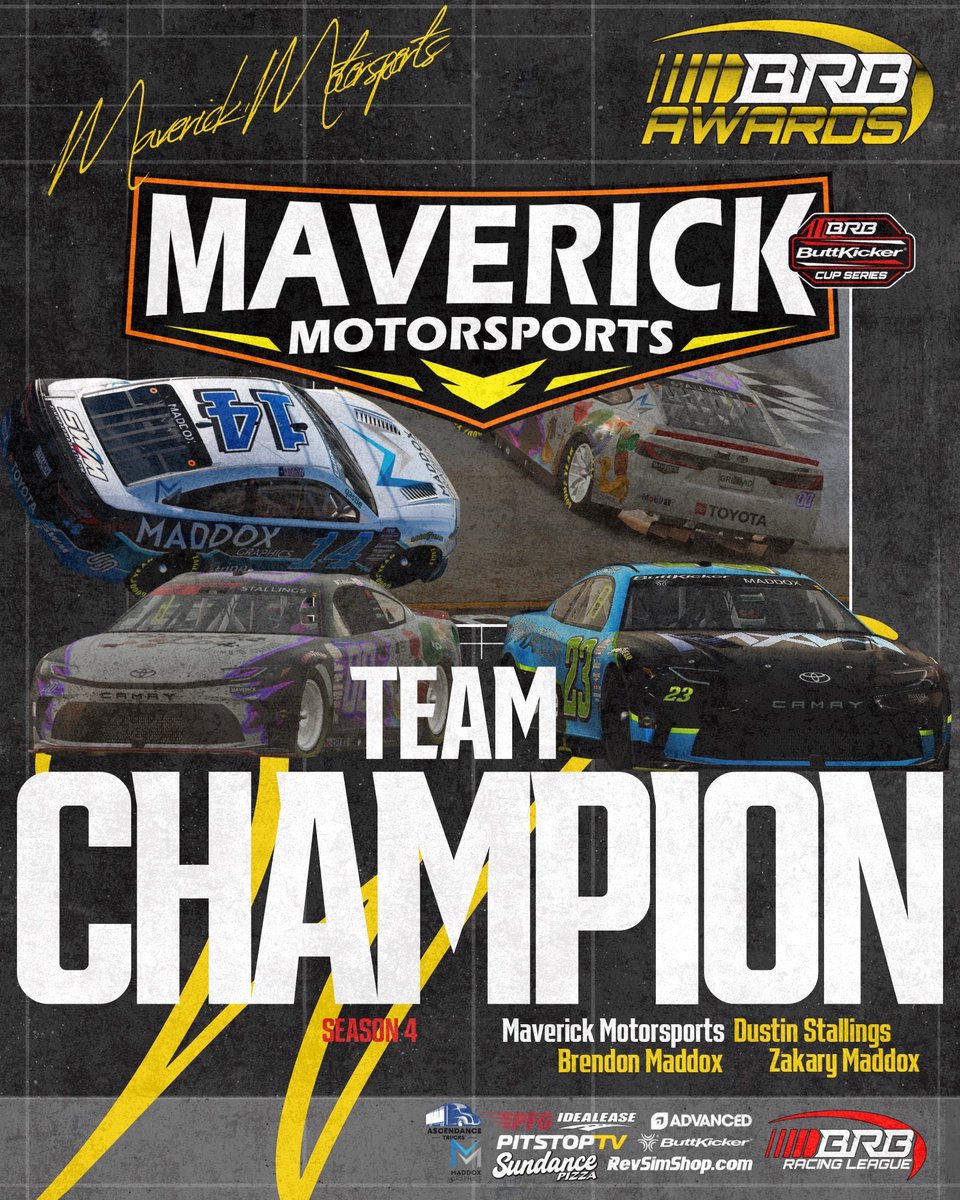 🏆 TEAM CHAMPIONS! 🏁
A massive shoutout to Maverick Motorsports for locking down the Season 4 Team Championship in BRB! 💪
With powerhouse drivers Dustin Stallings, Brendon Maddox, and Zakary Maddox, this team dominated the track all season long. 🔥 #BRBAwards #Iracing