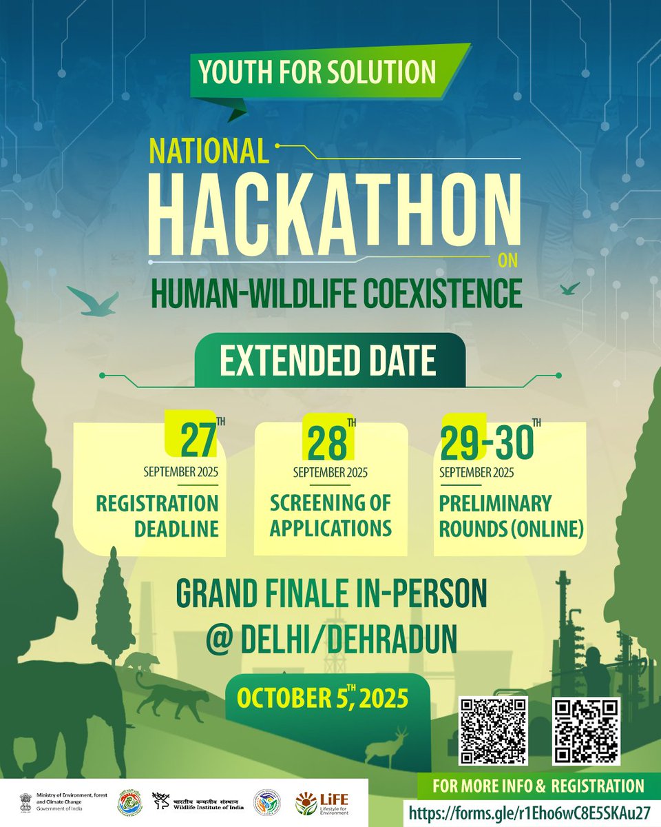 moefcc's tweet image. National Hackathon 2025 on Human–Wildlife Coexistence has NEW DATES. 

Innovate for conservation &amp;amp; sustainable living. 

@wii_india