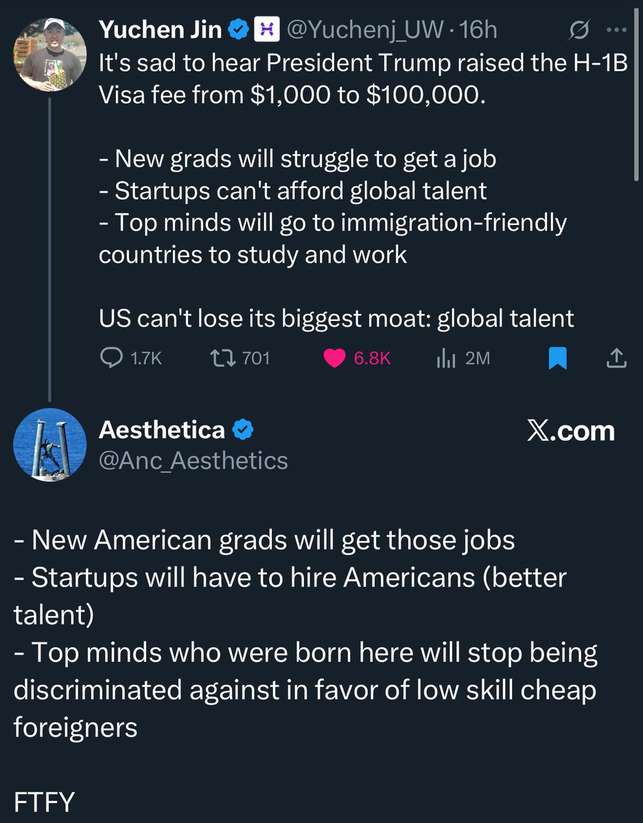 Yuchenj_UW's tweet image. Got flooded with “go back to your country” and “America doesn’t need you” on my H-1B tweet.

America is 4.1% of the world. Even if Americans were 10X more likely to be geniuses, 70% would still be born elsewhere.

Elon Musk, Jensen Huang, and Sergey Brin weren’t born American.