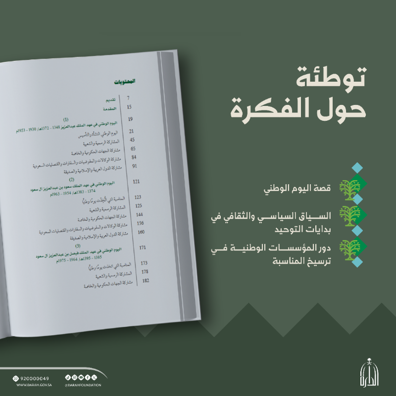 Darahfoundation's tweet photo. #صدر_حديثًا |
بمناسبة #اليوم_الوطني_السعودي95 أصدرت #دارة_الملك_عبدالعزيز كتاب "تاريخ ذكرى اليوم الوطني للمملكة العربية السعودية" يستعرض محطات هذه المناسبة، منذ بواكيرها الأولى.
#عزنا_بطبعنا