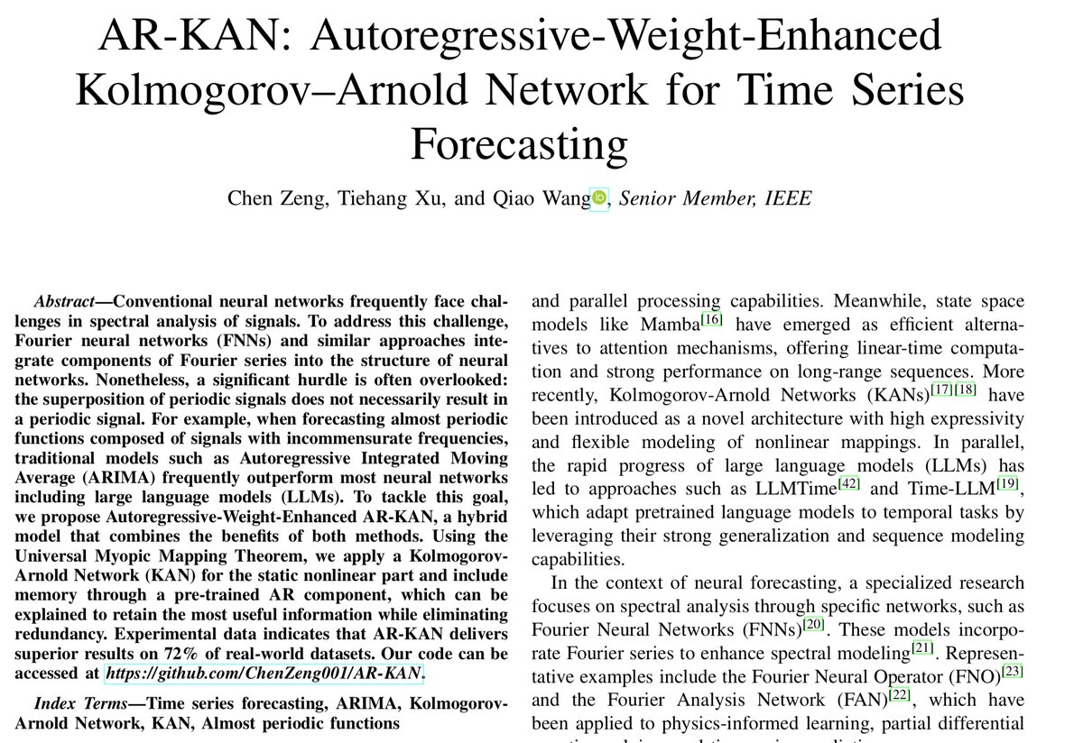 predict_addict's tweet image. Farewell ARIMA, it’s been a good run. Meet the newcomer on the scene: AR-KAN.

#timeseries #forecasting 

arxiv.org/pdf/2509.02967