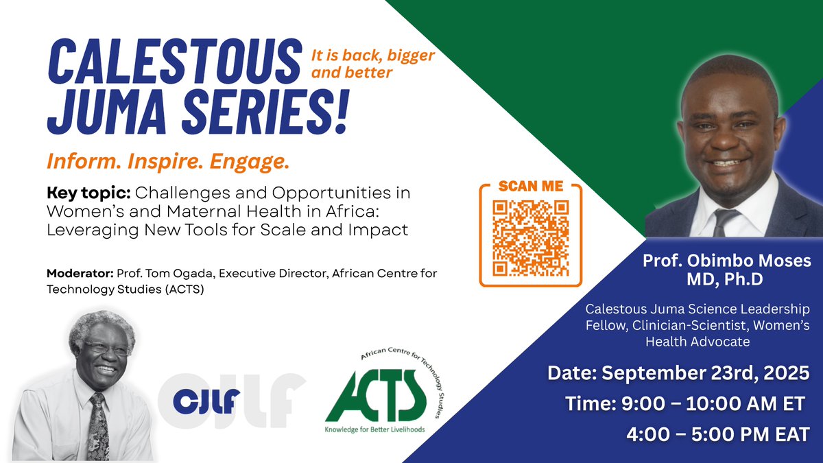 ACTSNET's tweet image. 🚀 2 DAYS TO GO!
We will honor the legacy of Prof. Calestous Juma with our Innovation Showcase!
Hear from Prof. @Obimbo24, who is leading the charge against postpartum hemorrhage & advancing women’s health research in Africa.
🗓 23 Sept 2025 | Zoom
🔗 Last chance to register:…