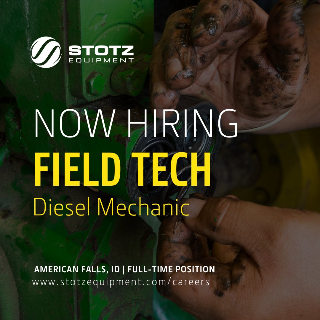 🚜 Now Hiring: Field Tech II / Diesel Mechanic – American Falls, ID
Stotz Equipment is looking for a skilled, customer-focused Diesel Mechanic to join our team! You’ll be diagnosing, troubleshooting, and repairing John Deere and other equipment—mostly in the field, with