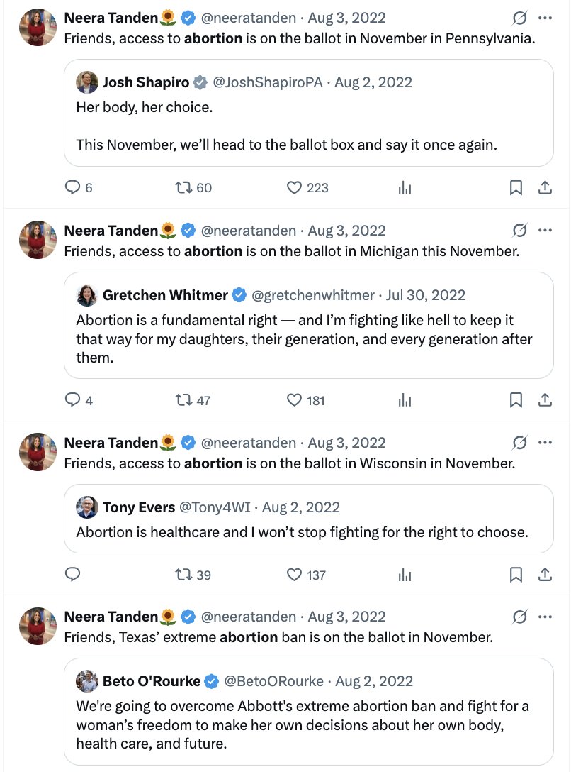 ALL OF THESE PEOPLE said repeatedly that Abortion is on the Ballot for the 2022 midterms—now they're retreating from the issue that salvaged those elections. Pathetic betrayal of the supermajority who wants abortion rights, and reinforces that this party stands for nothing.