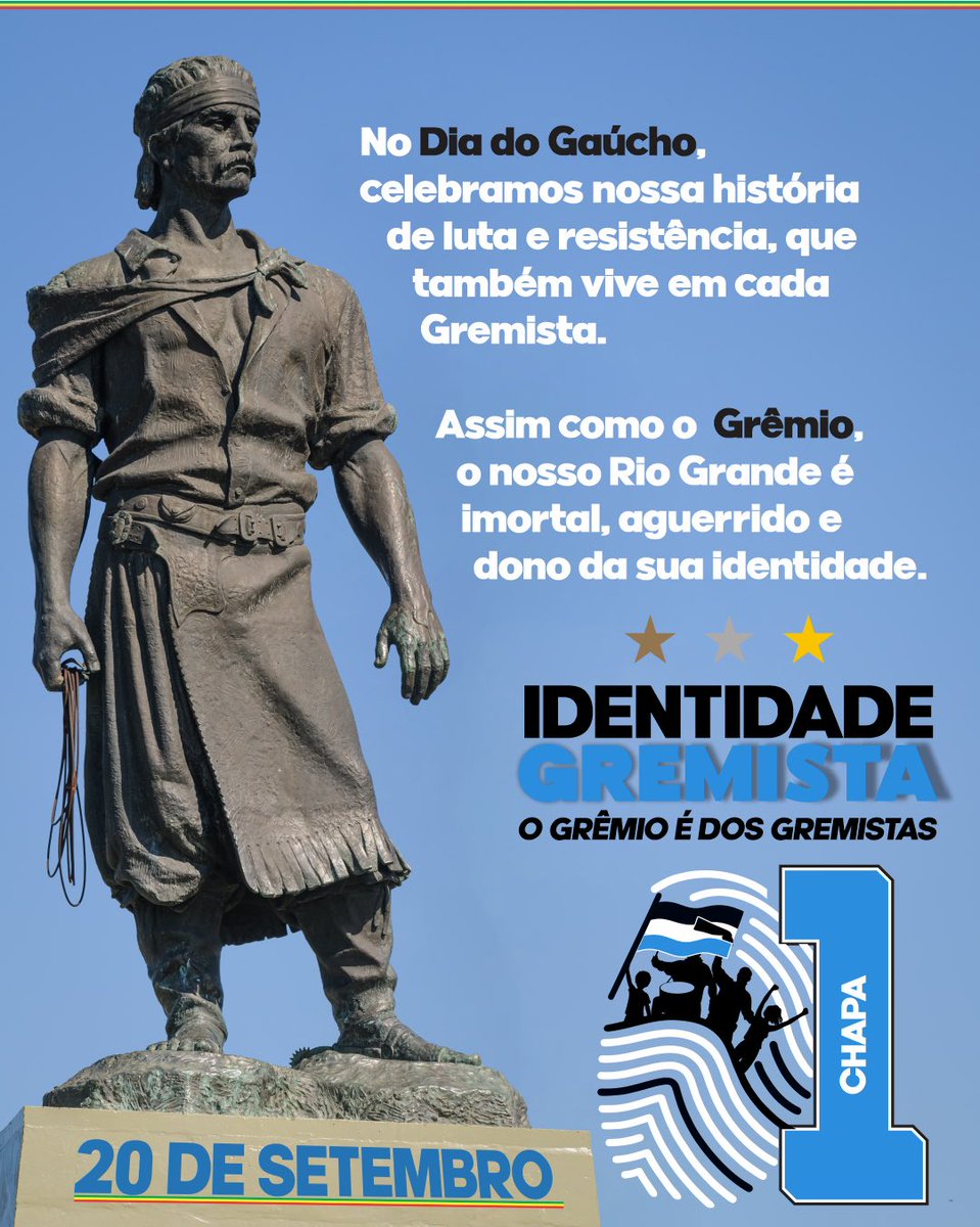 DemocraciaGRE's tweet photo. No Dia do Gaúcho, celebramos nossa história de luta, resistência e identidade — valores que também vivem em cada Gremista. 
Assim como o Grêmio, o nosso Rio Grande é imortal, aguerrido e dono da sua história.
A Chapa 1 – Identidade Gremista acredita na força da tradição! https://t.co/R6Uz15E9L6