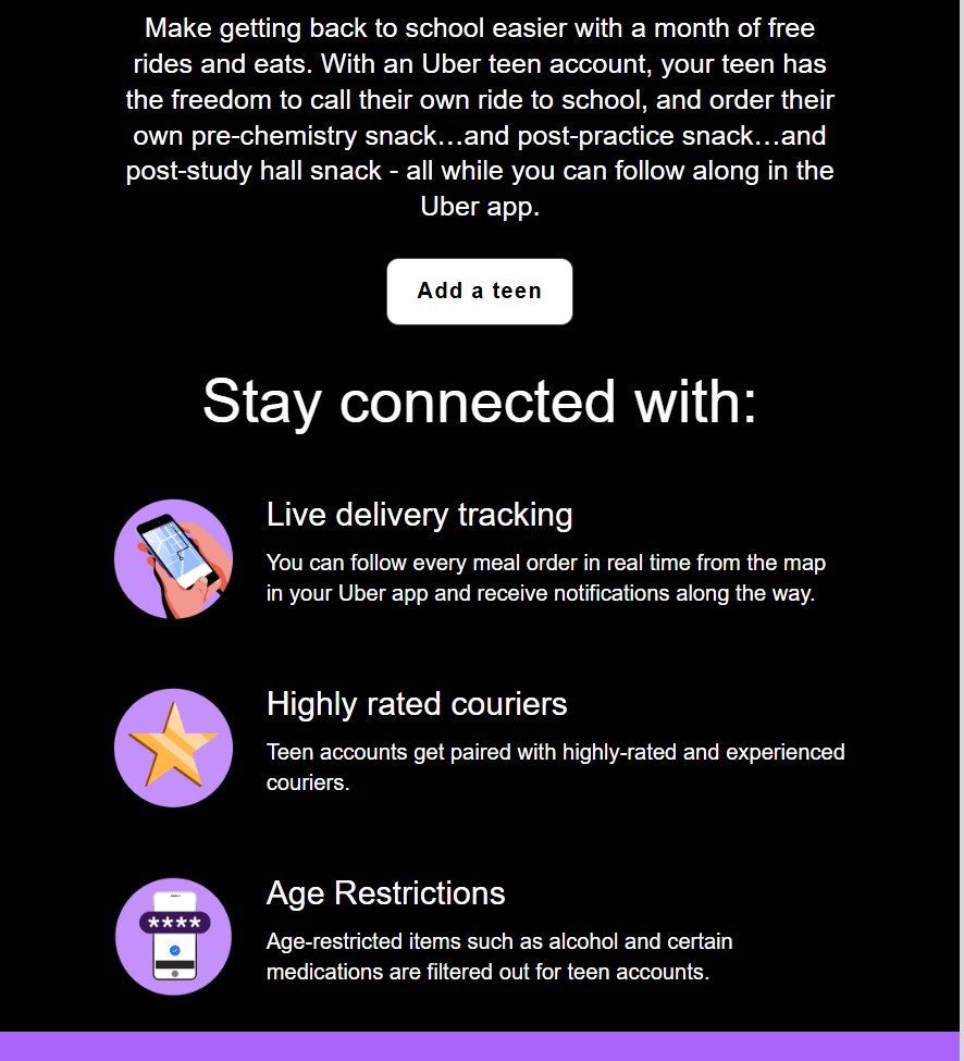 יש לי חשבון אובר כי כל פעם שאני בחו"ל, אני משתמש בשירות המצוין שלהם, אז אני גם מקבל עדכונים לאימייל שלי. 

הנה אימייל שקיבלתי זה עתה: אפשר לצרף לחשבון של המשתמש את הילד ששולחים לבית ספר - קומבינציה של הסעה ומשלוח מזון, בהנחה.

שימו לב למאפיינים של השירות: יש אפשרות לקיים מעקב