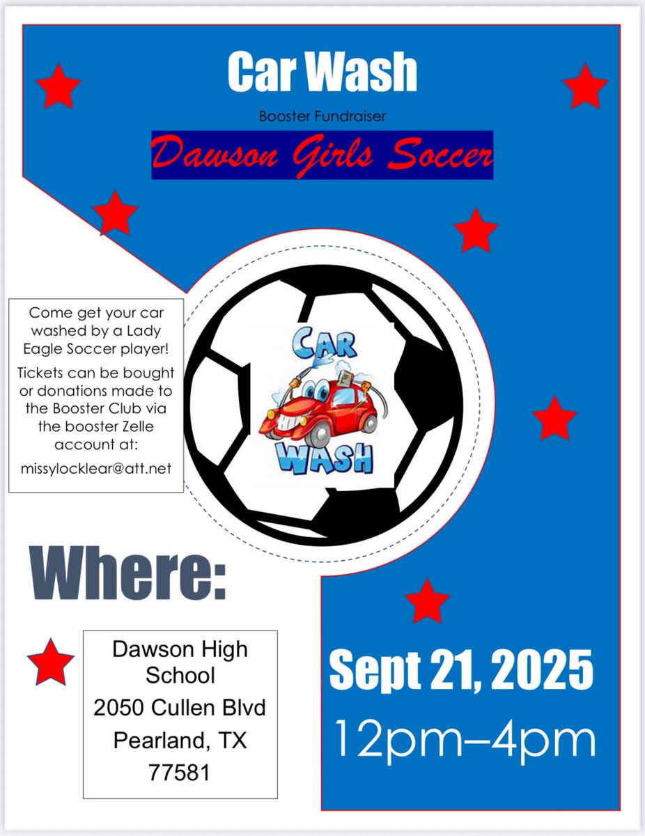 Tomorrow!!!! Car wash to benefit the Lady Eagles Soccer team! 
📍 Dawson High School (front of school)
🗓️ Tomorrow!! 9/21
⏰ 12:00-4:00

Come get your car washed by a Lady Eagle! <a href="/DawsonHighSchl/">Dawson Eagles</a> 
🚗🚚🚙🏎️🛻🧽💦🫧