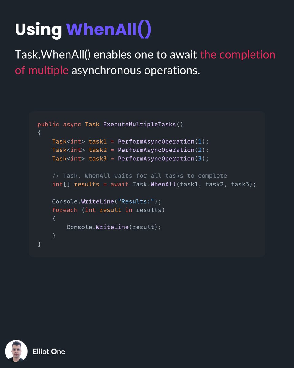 elliot1one's tweet image. Three powerful ways to coordinate async tasks in C#:

1. Task.WhenAll → wait for all tasks to finish (parallel completion).

2. Task.WhenAny → continue when the first task completes.

3.Task.WhenEach → handle tasks one by one as they finish.

#dotnet #csharp #async #tech