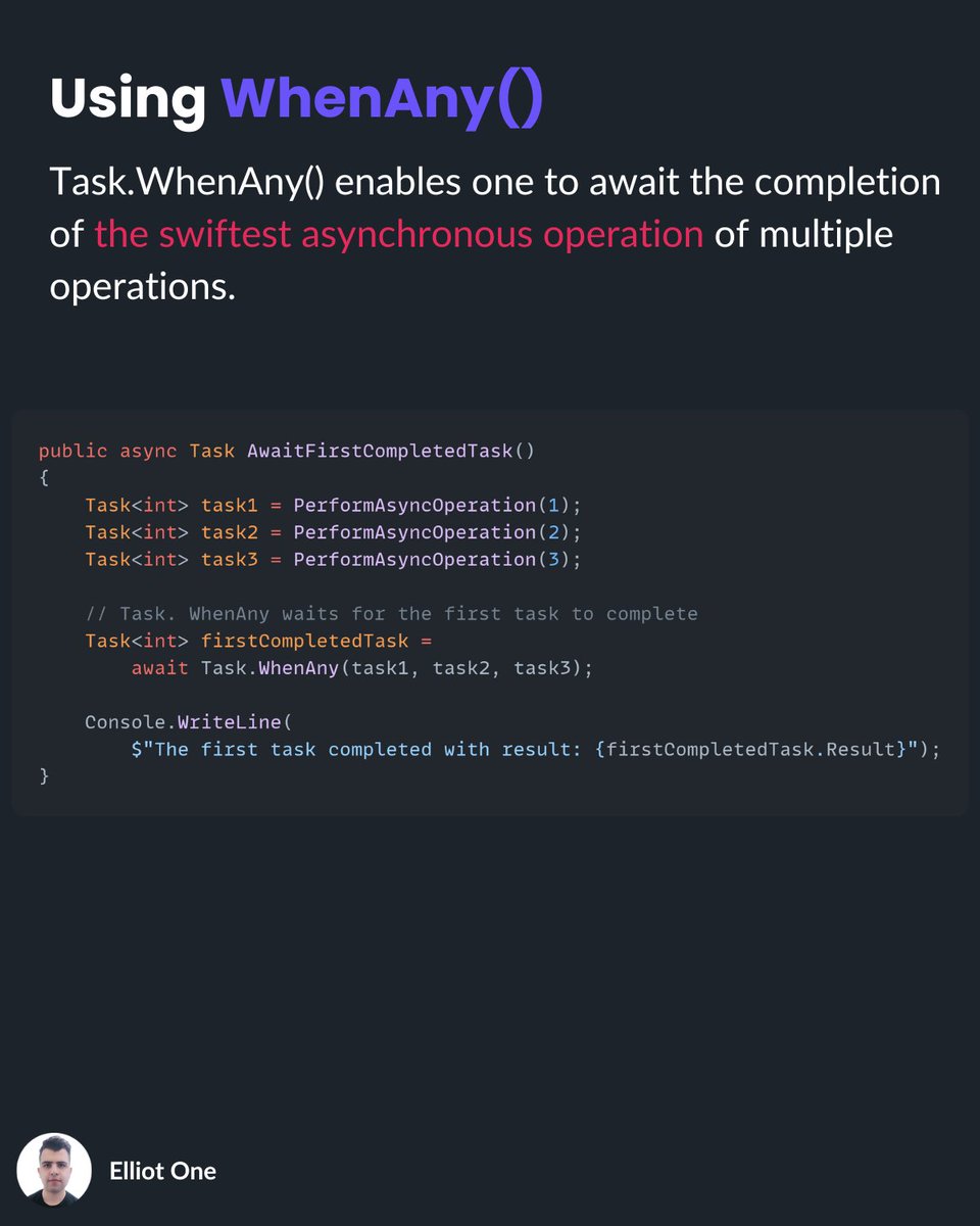 elliot1one's tweet image. Three powerful ways to coordinate async tasks in C#:

1. Task.WhenAll → wait for all tasks to finish (parallel completion).

2. Task.WhenAny → continue when the first task completes.

3.Task.WhenEach → handle tasks one by one as they finish.

#dotnet #csharp #async #tech