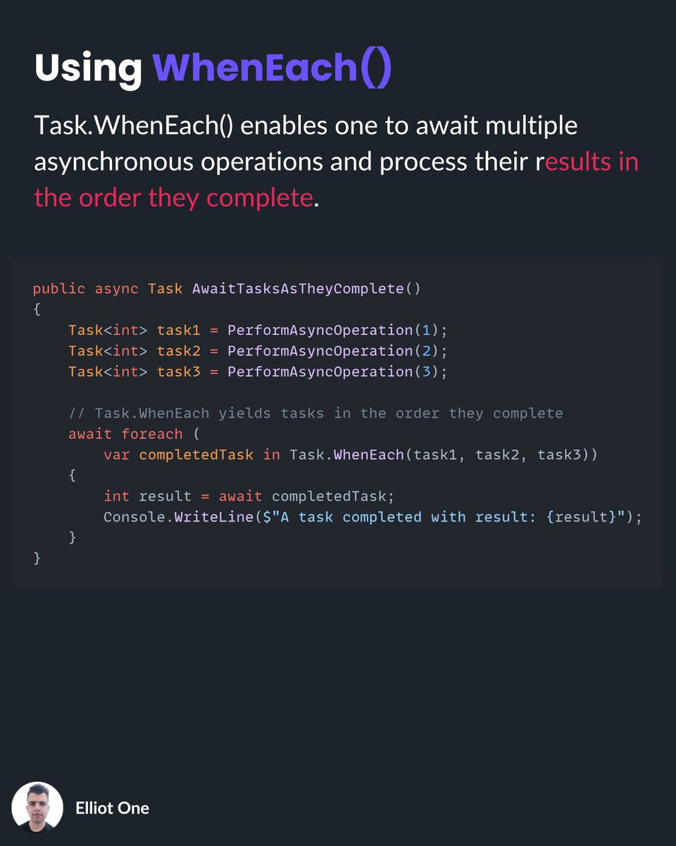 elliot1one's tweet image. Three powerful ways to coordinate async tasks in C#:

1. Task.WhenAll → wait for all tasks to finish (parallel completion).

2. Task.WhenAny → continue when the first task completes.

3.Task.WhenEach → handle tasks one by one as they finish.

#dotnet #csharp #async #tech