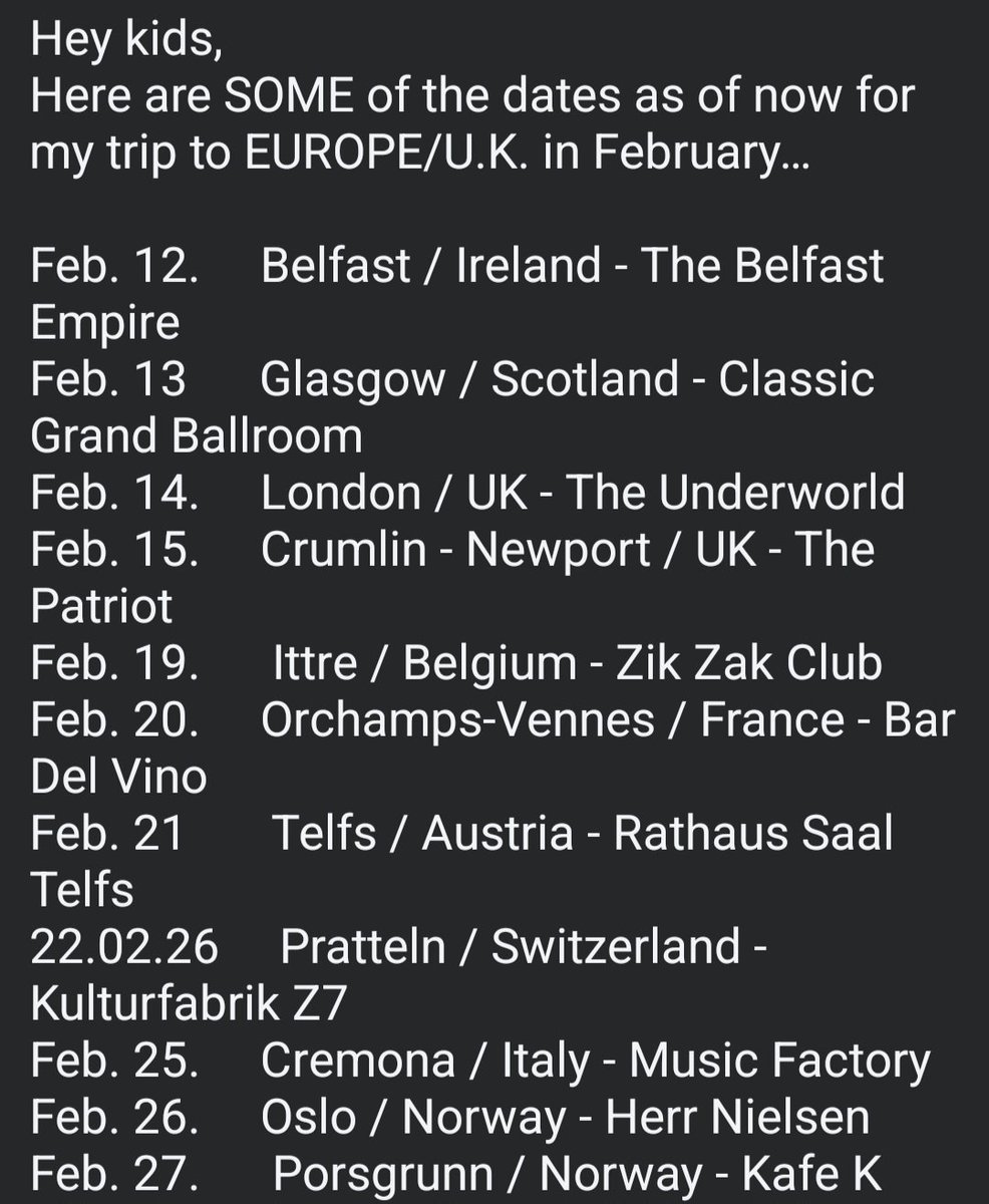 Solo Tour dates. (Full band).