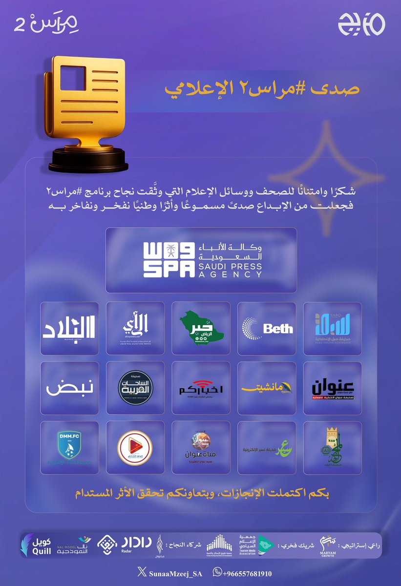 أكثر من 16 صحيفة ووسيلة إعلامية
غطّت نجاح برنامج #مراس2 😎🗞️ 

شكرًا وامتنانًا لبصمتكم ودعمكم الإعلامي اللي
خلى للأثر صدى مسموع ووصل صوت المبدعين إلى أبعد مدى 💜👏✨