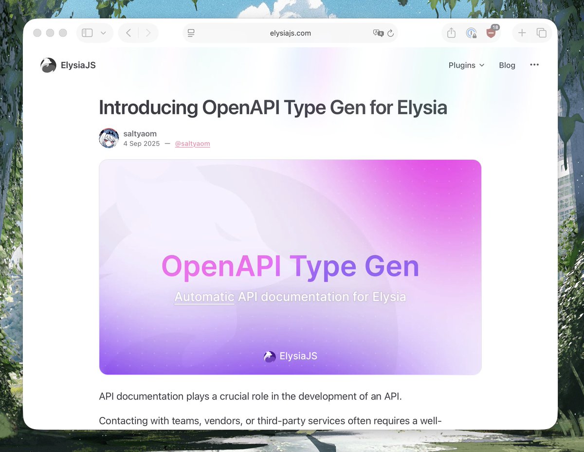 saltyAom's tweet image. I'm very confident that this is Elysia's best feature
No frameworks have ever pulled it off at this level
It turns TypeScript into an API documentation
- No additional setup
- No CLI tools to run
- No code change
- Works with every TS library
Yet no one is talking about it