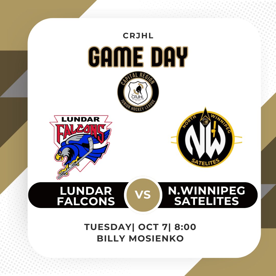 🏒 Tuesday Night Hockey 🏒

The Lundar Falcons 🦅 face off against the North Winnipeg Satelites 🚀 at Billy Mosienko Arena.
Puck drops tonight — who’s flying higher? 🔥