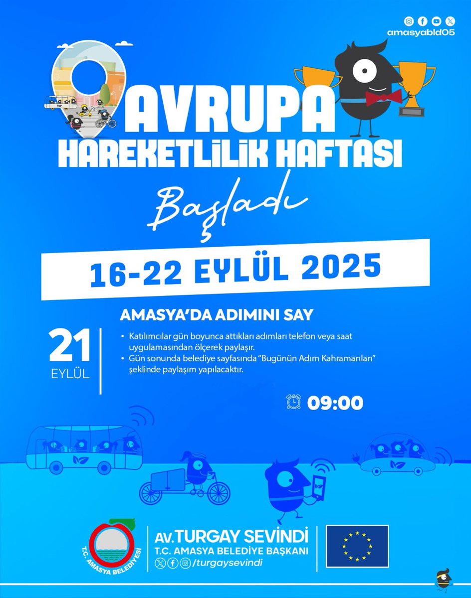 TurgaySevindi's tweet photo. Amasya’da Adımını Say🚶‍♀️🚶‍➡️

Avrupa Hareketlilik Haftası’nın coşkusunu şehrimizde hep birlikte yaşıyoruz. 🌍🚴‍♂️

🗓️ 21 Eylül
⏰09.00

“Bugünün Adım Kahramanları” paylaşımıyla sen de yerini al. ✨

@TRMobilityWeek 

#EUDelegationTurkey
#Mobility4Everyone
#HerkesİçinHareket
#ŞehriBirlikteYaşayalım
#MobilityWeek