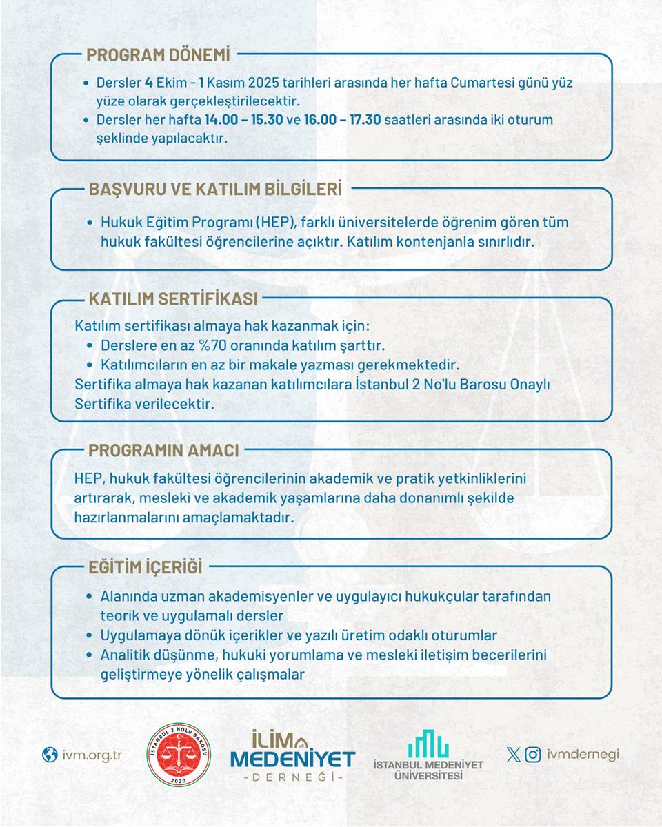 📢 Hukuk Eğitim Programı (HEP) Başlıyor!

📌 Program hakkında detaylı bilgiye ivm.org.tr adresinden ulaşabilirsiniz.

👉 Katılım için formu doldurunuz:
docs.google.com/forms/d/e/1FAI…